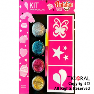 KIT PARA MAQUILLAJE GLITTER EN GEL 4 COLORES + PINCEL + STENCIL AUTOADHESIVO 651-01 x 1